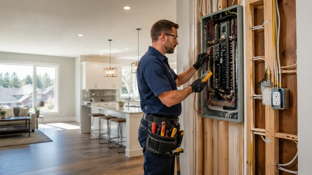 Licensed electrician performing electrical wiring repair in Kansas City home panel and circuits