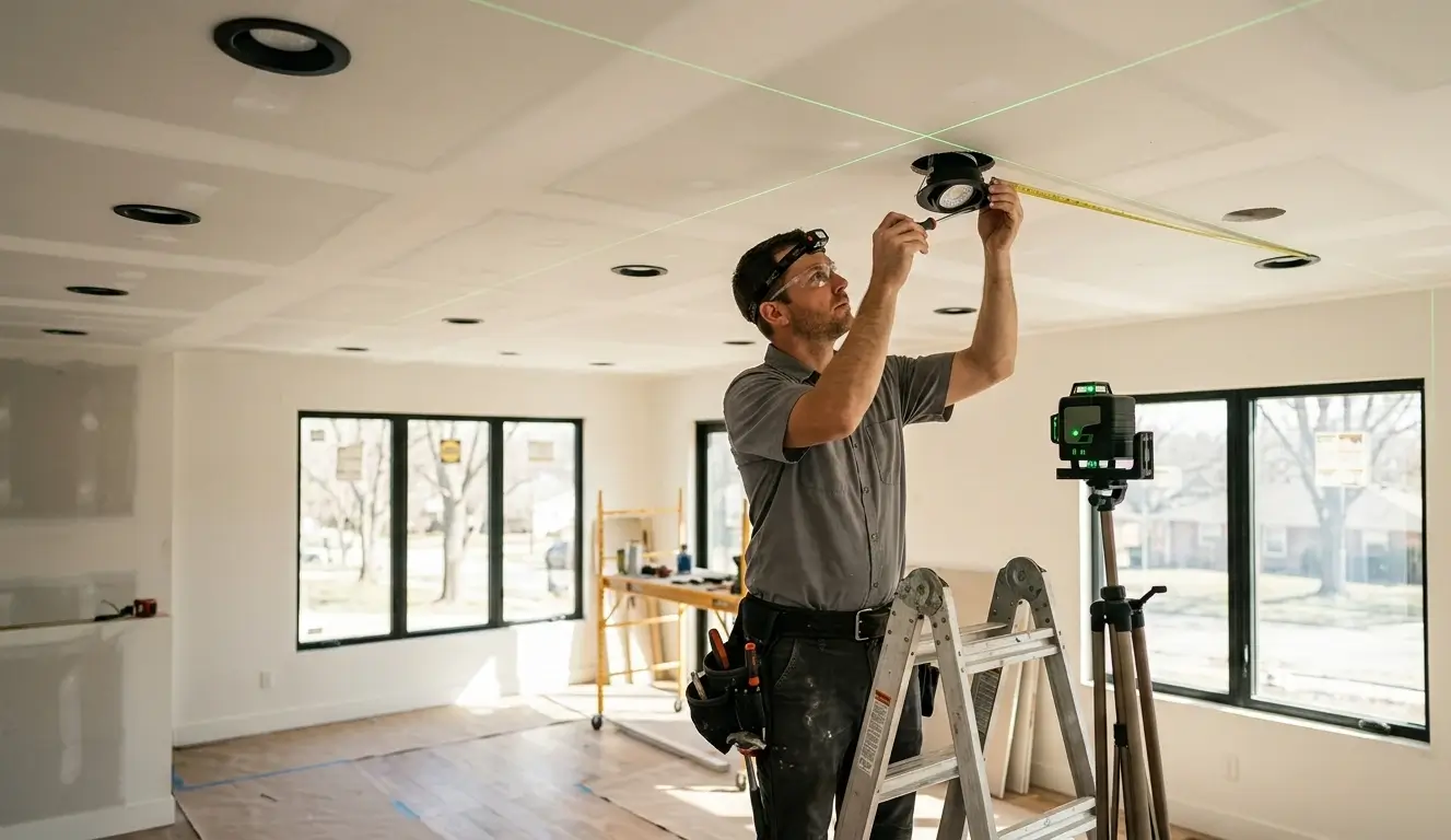 Licensed Kansas City electrician installing recessed lighting in modern home ceiling