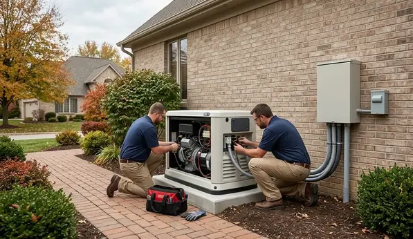 Licensed electricians installing standby generator at Kansas City home with concrete pad and transfer switch setup