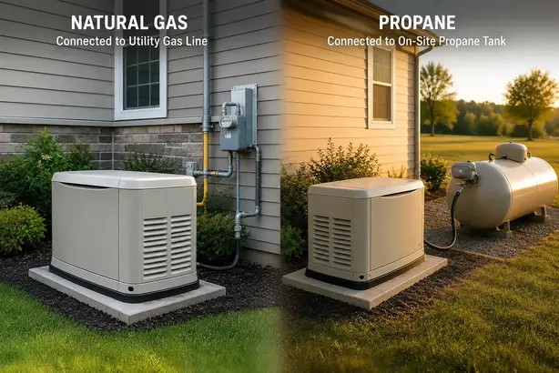 Split view comparison of standby generator installations in Kansas City showing natural gas connection on one side and propane tank system on the other