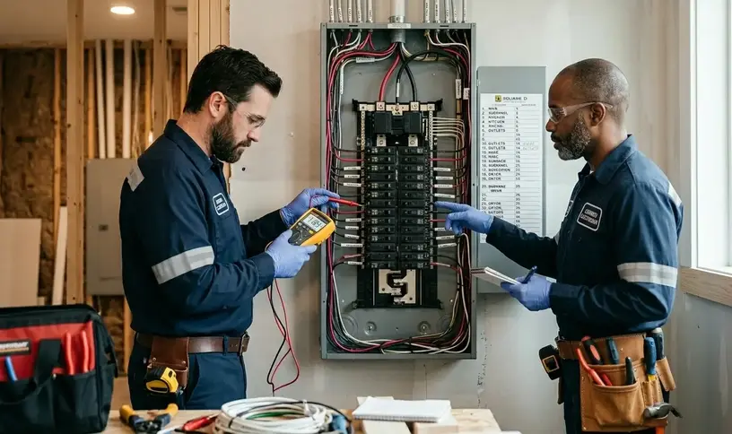 Licensed electricians performing electrical panel diagnostics in Kansas City residential home