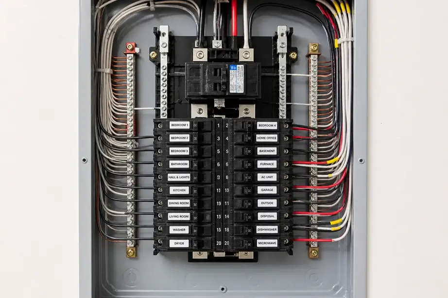 New modern electrical panel with clean organized wiring in Kansas City