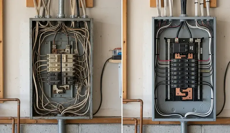 Comparison of outdated electrical panel and modern breaker panel