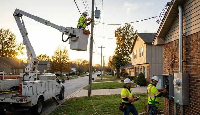 Utility electricians working on residential electrical service connection in Kansas City