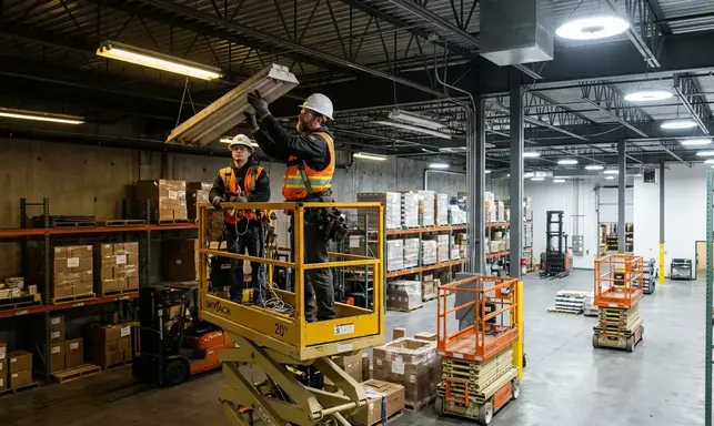 Electricians upgrading warehouse lighting to energy-efficient LED fixtures in Kansas City