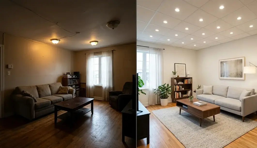 Before and after comparison of poorly lit room versus professionally installed recessed lighting