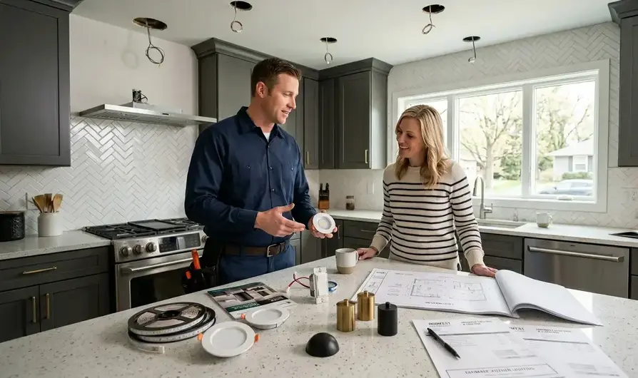 Kansas City electrician reviewing lighting options and project costs with homeowner in a modern kitchen