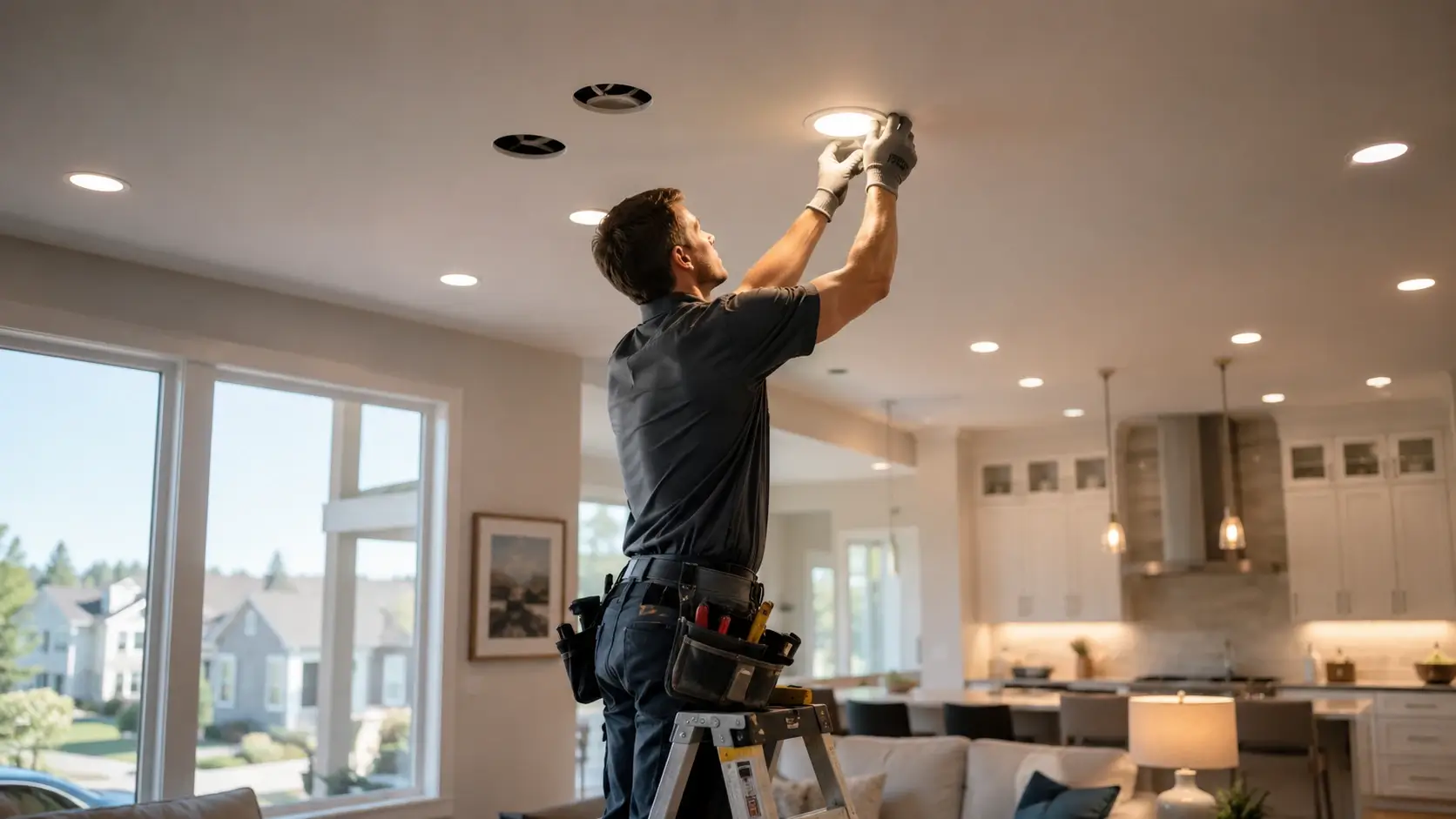 Licensed electrician installing recessed lighting in a Kansas City home