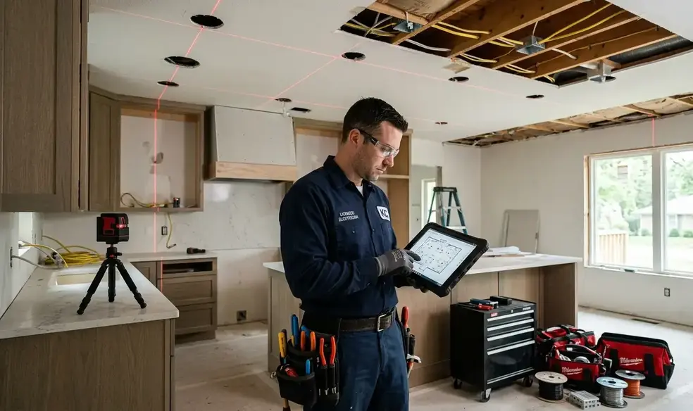 Electrician reviewing lighting plans and laying out recessed fixtures in a Kansas City home remodel