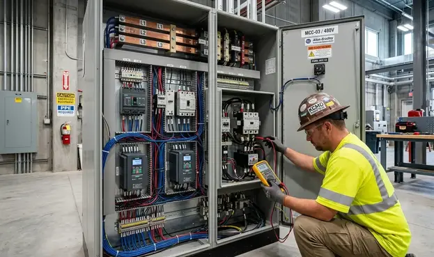 Motor control center with VFDs and industrial electrical components in Kansas City