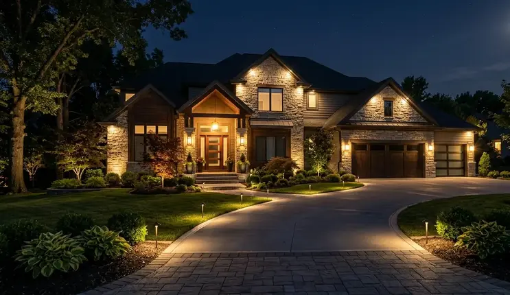 Professionally installed landscape and security lighting illuminating Kansas City home exterior at night