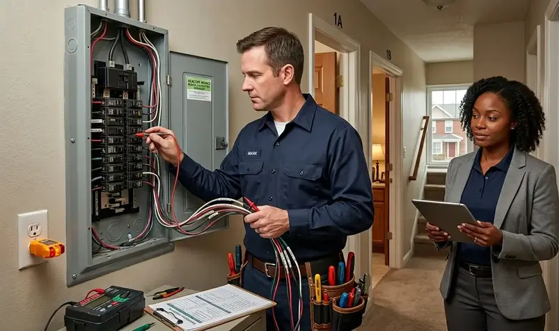 Electrician inspecting electrical systems in a Kansas City rental property