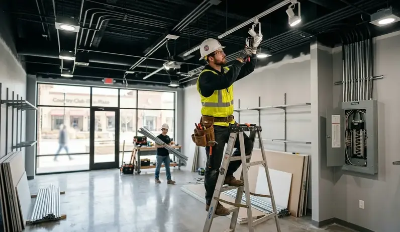 Commercial electrician completing retail tenant electrical build-out in Kansas City shopping center