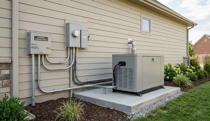 Completed standby generator installation with transfer switch and clean wiring