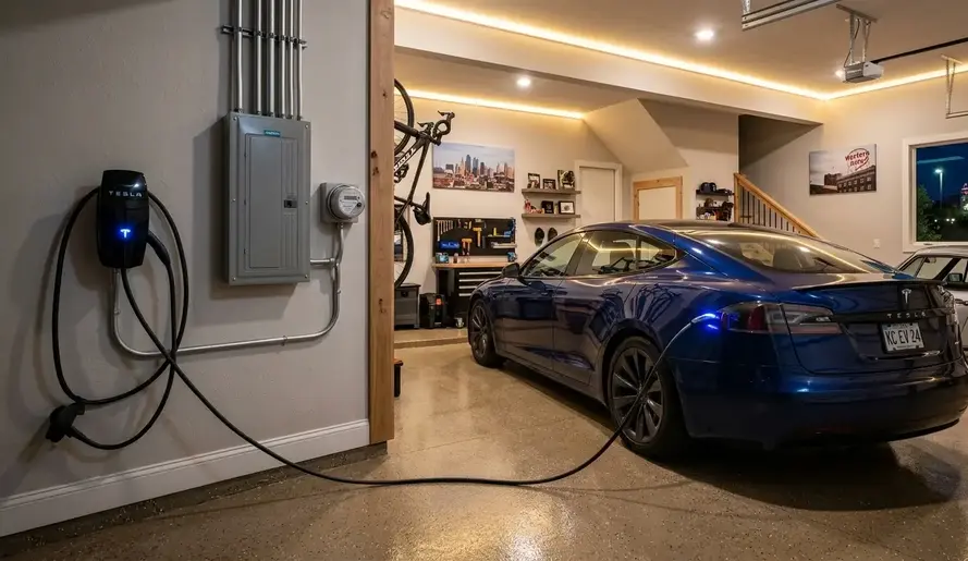Tesla charging overnight with Tesla Wall Connector in Kansas City home garage