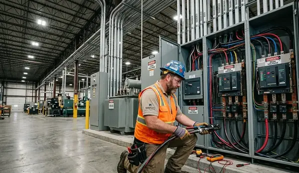 Commercial electrician installing three-phase power distribution equipment in Kansas City industrial facility