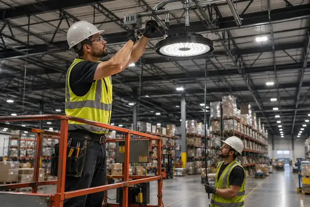 Electrician installing LED high bay lighting in Kansas City warehouse