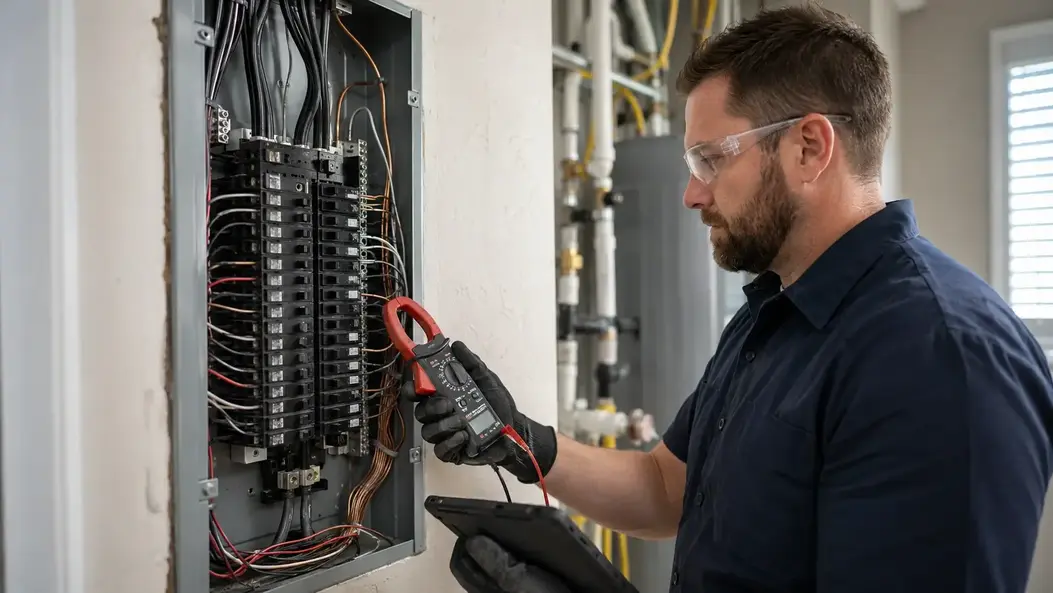 Licensed electrician performing a comprehensive residential electrical safety inspection in Kansas City